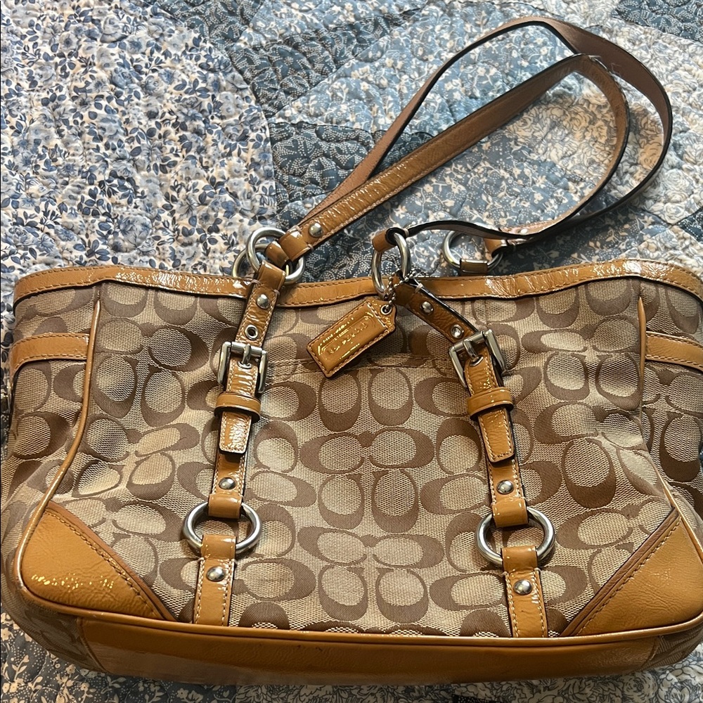 Coach Brown and Tan Signature Shoulder Bag